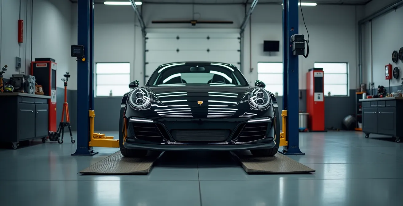 Fahrzeug auf Achsvermessungsstand mit sichtbaren Messgeräten an den Rädern