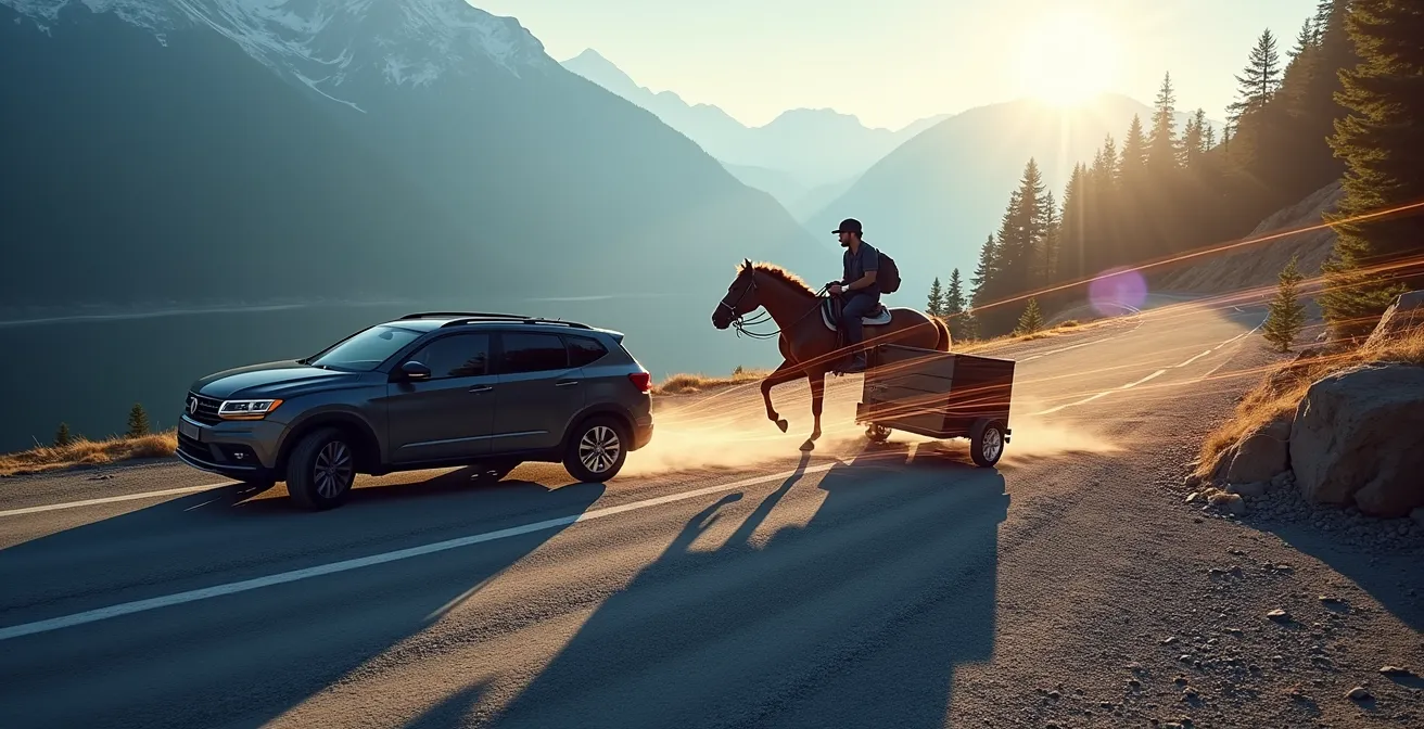 Fahrzeug mit Pferdeanhänger beim Anfahren am steilen Berg zeigt Kraftverteilung auf alle vier Räder