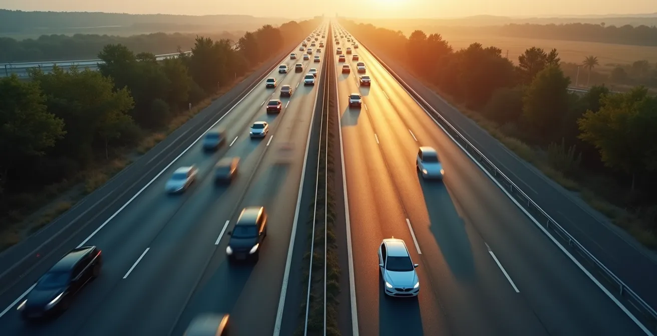Luftaufnahme einer Autobahn mit gleichmäßigem Verkehrsfluss