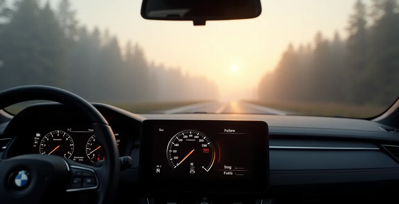 Technische Visualisierung der Restreichweiten-Berechnung im Fahrzeug, die die Ungenauigkeit bei wechselnden Fahrbedingungen darstellt