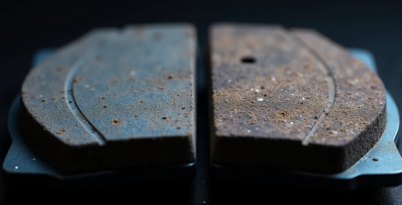 Makroaufnahme von Bremsbelag-Oberfläche mit unterschiedlichen Verschleißgraden