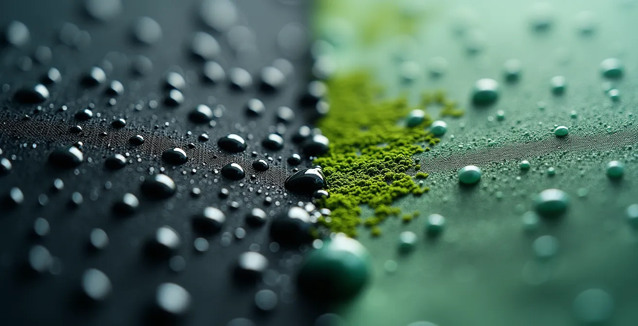 Mikroskopische Ansicht von Algenbildung auf einem unbehandelten Cabrio-Stoffdach im Vergleich zu einem geschützten Bereich