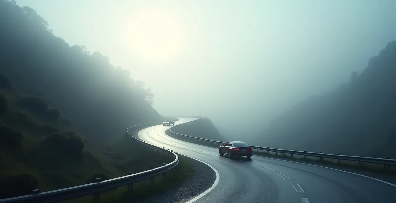 Visualisierung der Fahrzeug-zu-Fahrzeug Kommunikation durch eine neblige Kurve, die unsichtbare Gefahren andeutet.