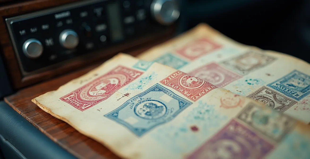 Nahaufnahme eines Carnet de Passages mit verschiedenen Einreisestempeln afrikanischer Länder