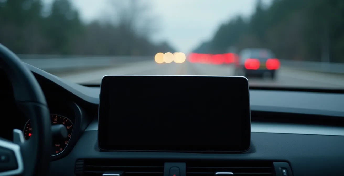 Dunkles Autodisplay während der Fahrt mit verschwommener Straße im Hintergrund