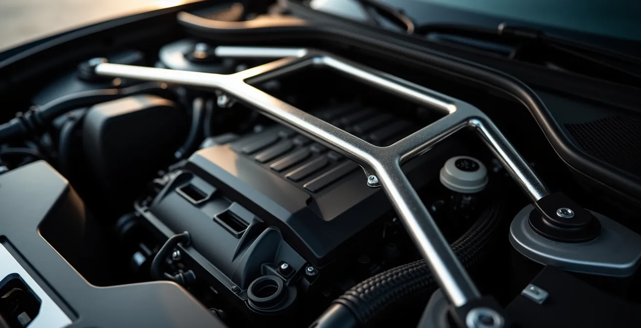 Domstrebe im Motorraum eines Sportwagens montiert zwischen den Federbeinaufnahmen