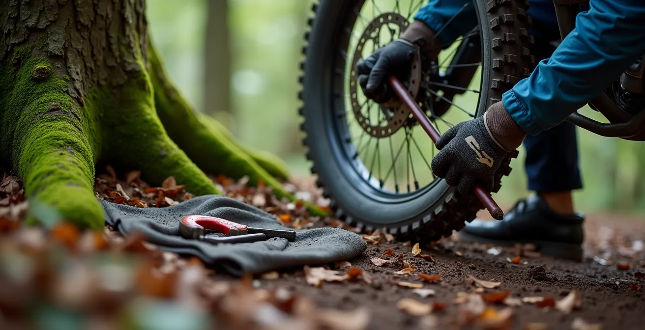 Endurofahrer wechselt Schlauch im Waldgelände ohne Hauptständer