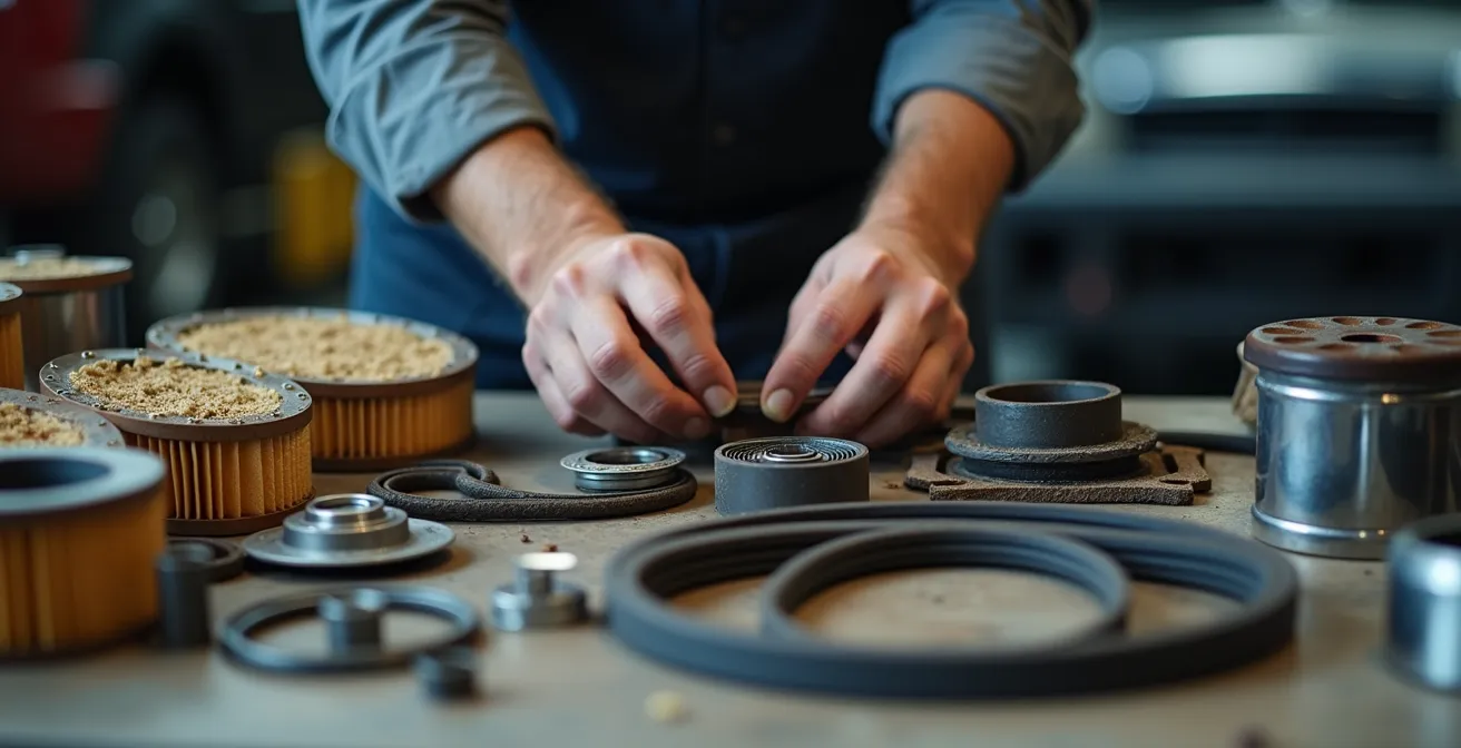 Übersichtlich arrangierte Ersatzteile und Werkzeuge für Expeditionsfahrzeug