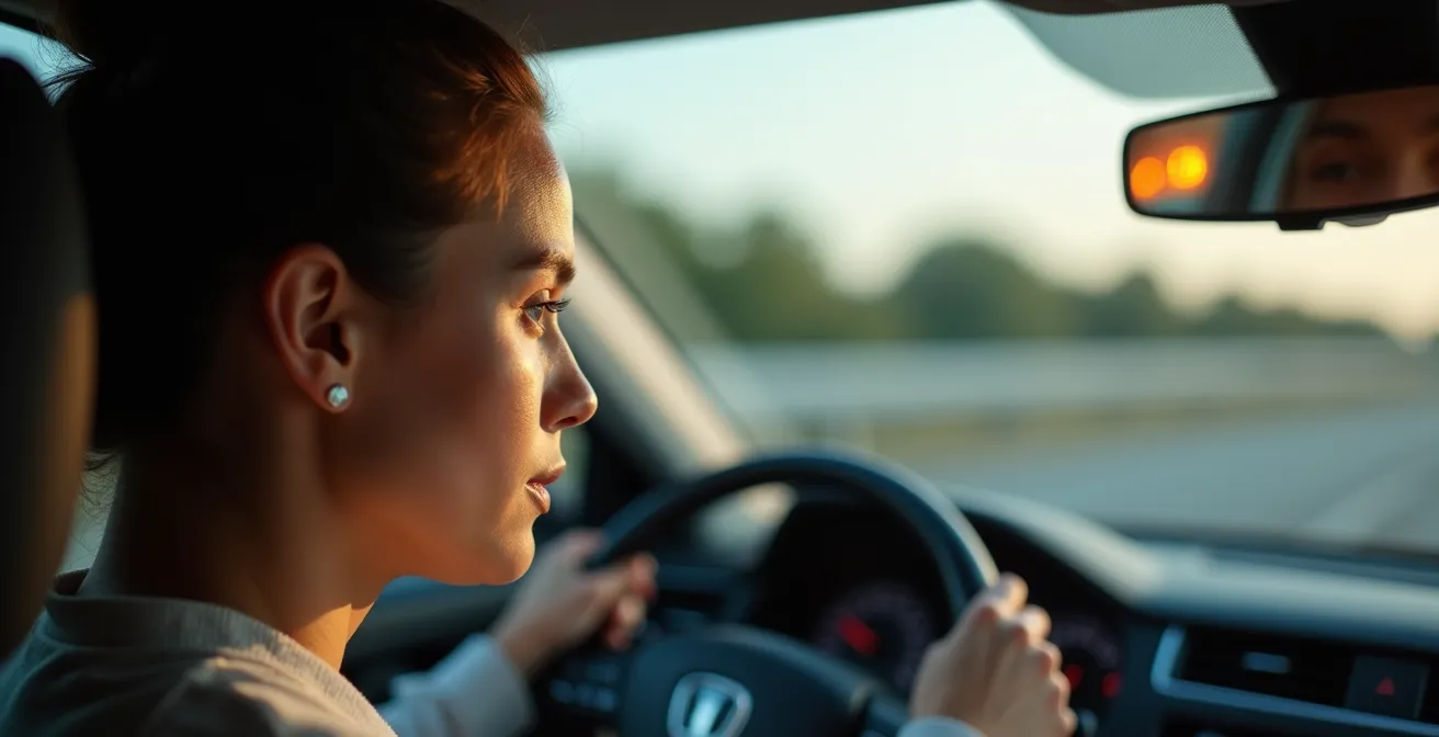 Nahaufnahme eines Fahrers beim Schulterblick mit aktivem Totwinkel-Assistent im Seitenspiegel