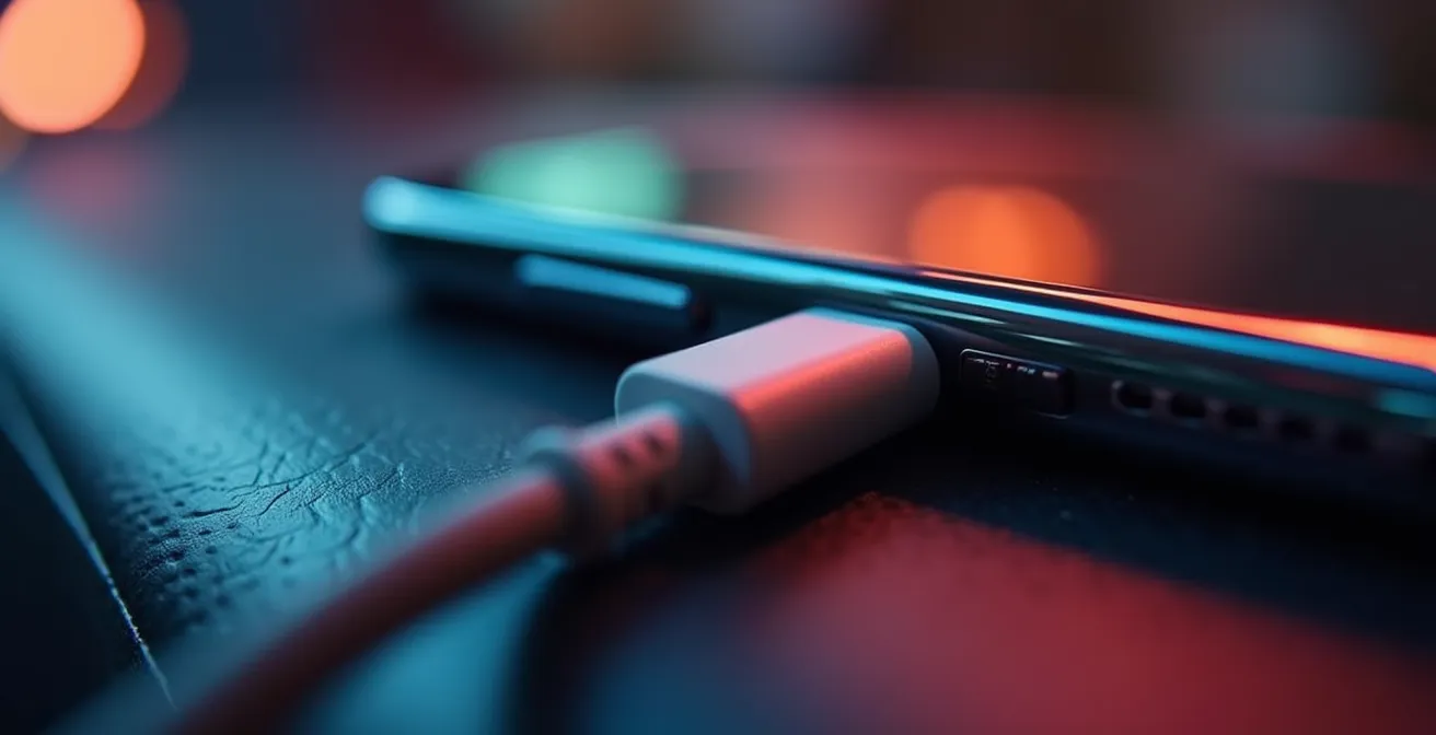 Smartphone mit Telematik-App und Akkuanzeige im Auto