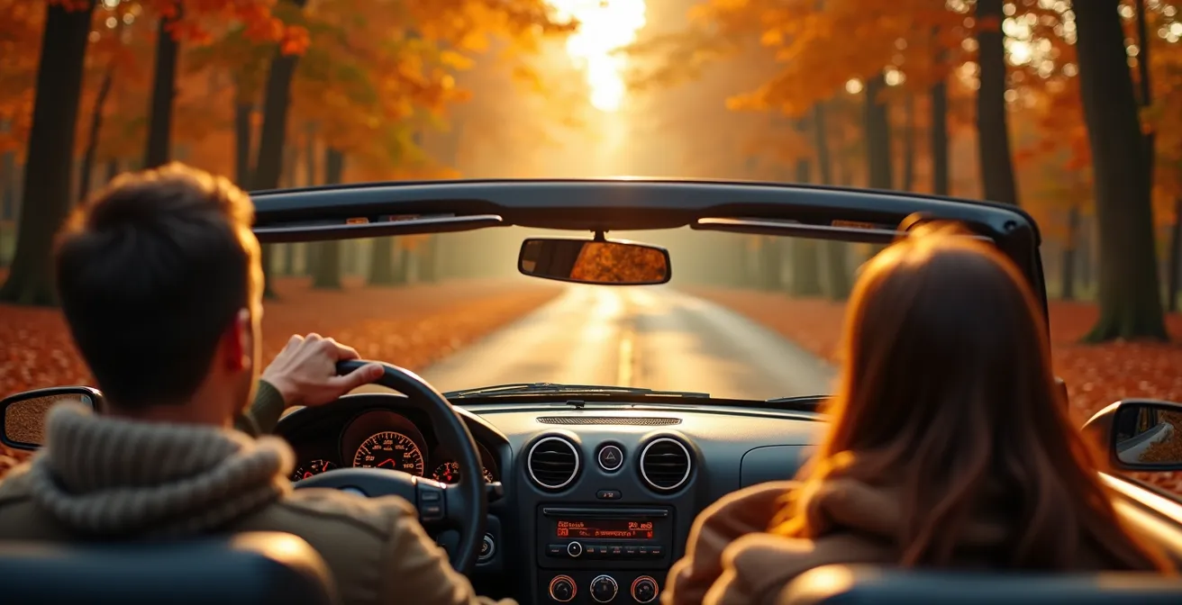 Fahrerperspektive aus einem Cabrio, das durch eine sonnendurchflutete Herbstallee fährt.
