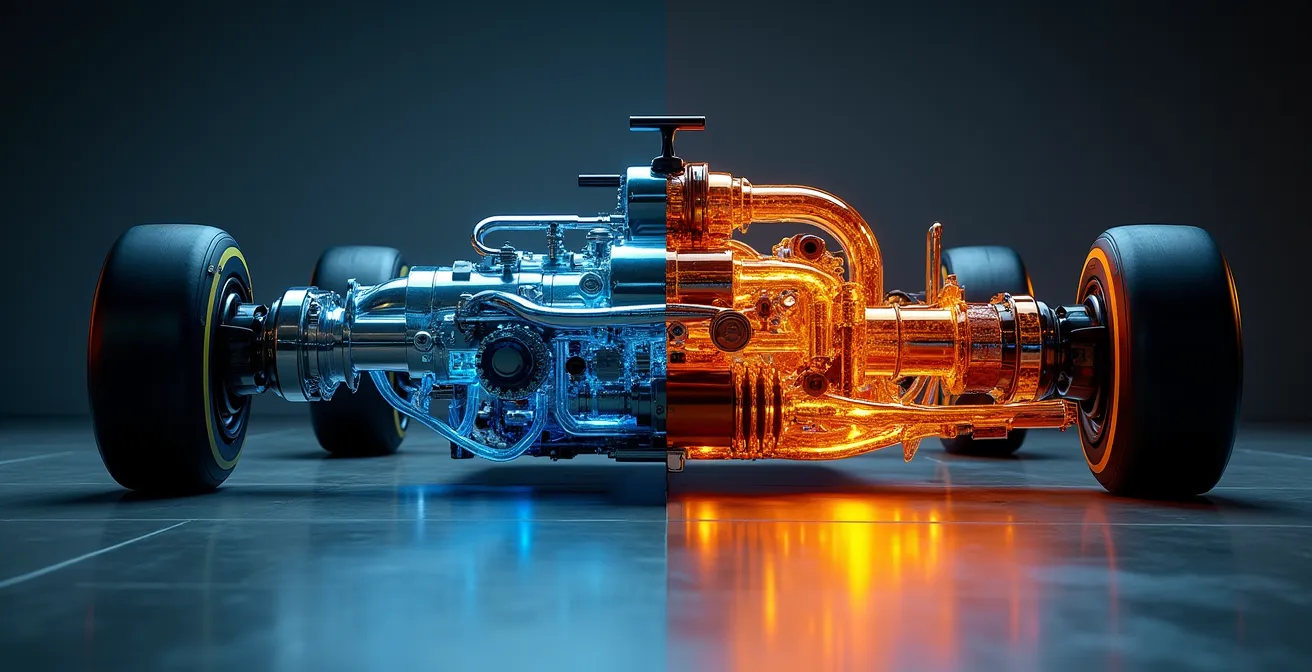 Technische Nahaufnahme eines F1-Hybrid-Motors mit sichtbarem Turbolader und Energierückgewinnungssystem