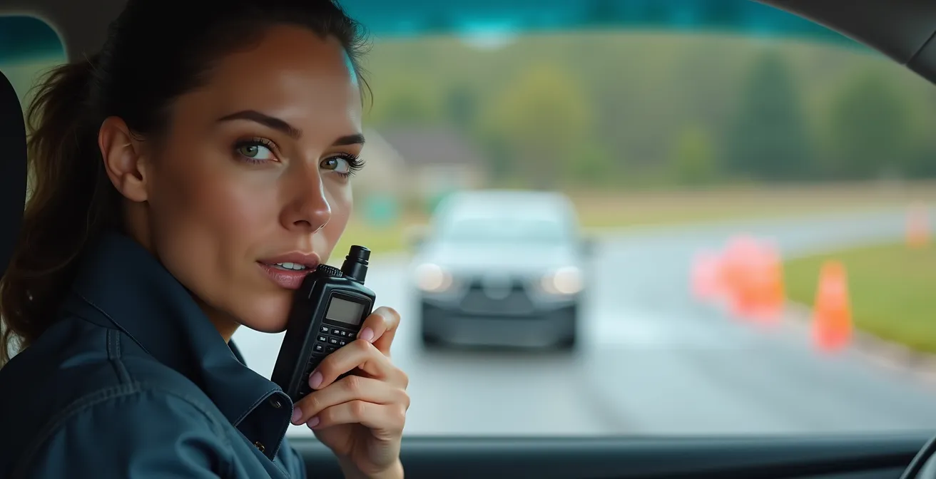 Instruktor mit Funkgerät beobachtet Auto in Kurvenfahrt auf Trainingsplatz