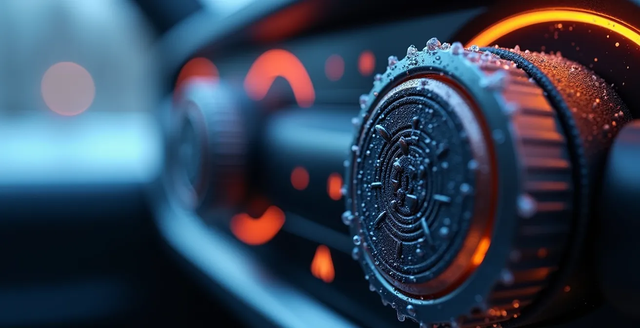 Wärmemanagement-System eines modernen Fahrzeugs mit intelligenten Sensoren, das den Energiefluss für Komfortfunktionen visualisiert