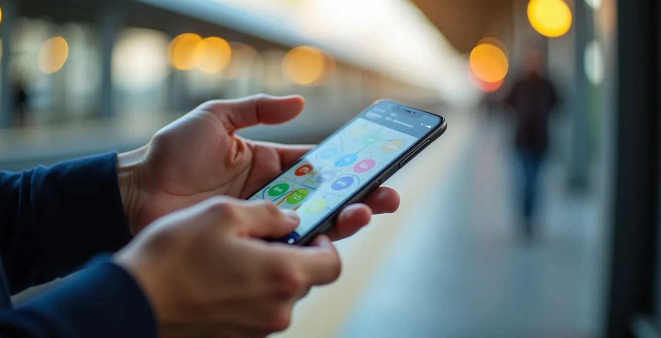 Eine Person hält ein Smartphone in der Hand, auf dessen Bildschirm eine App zur Planung intermodaler Mobilitätsrouten angezeigt wird.