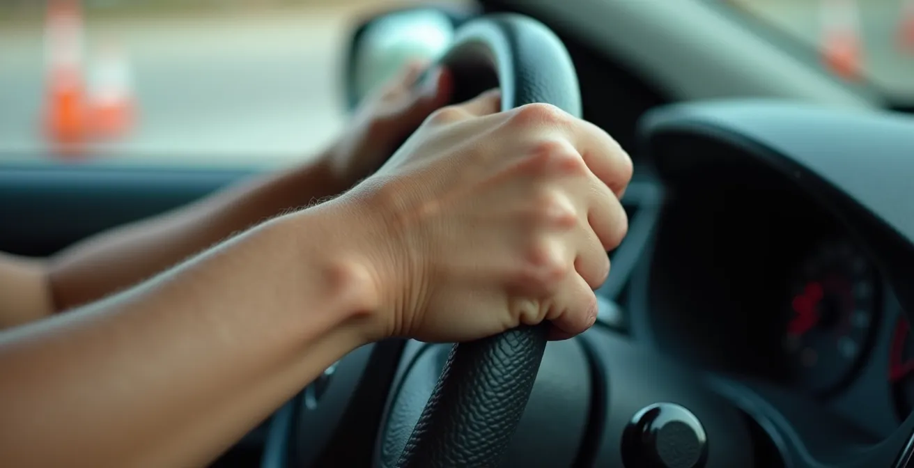 Junger Fahrer konzentriert am Steuer während Schleuderplattenübung