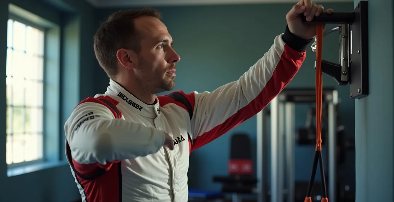 Kartfahrer demonstriert Nackenübungen mit Theraband in Trainingsraum