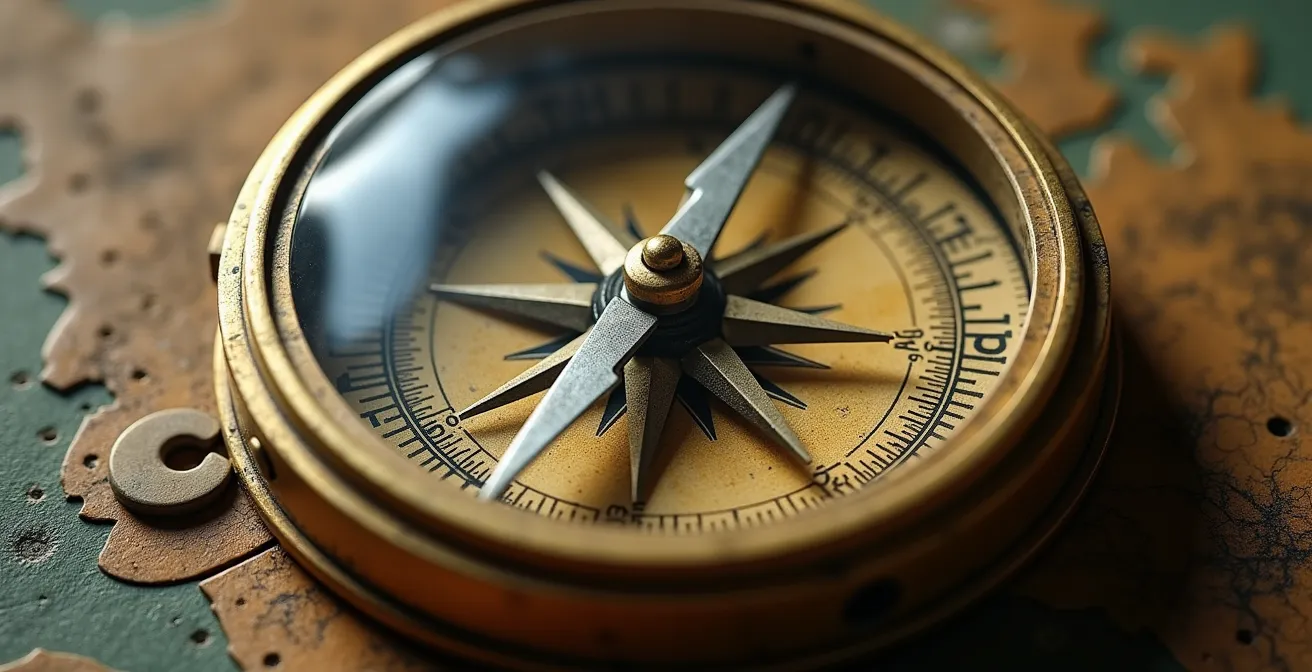 Nahaufnahme von Kompass und analogem Kilometerzähler im Fahrzeugcockpit