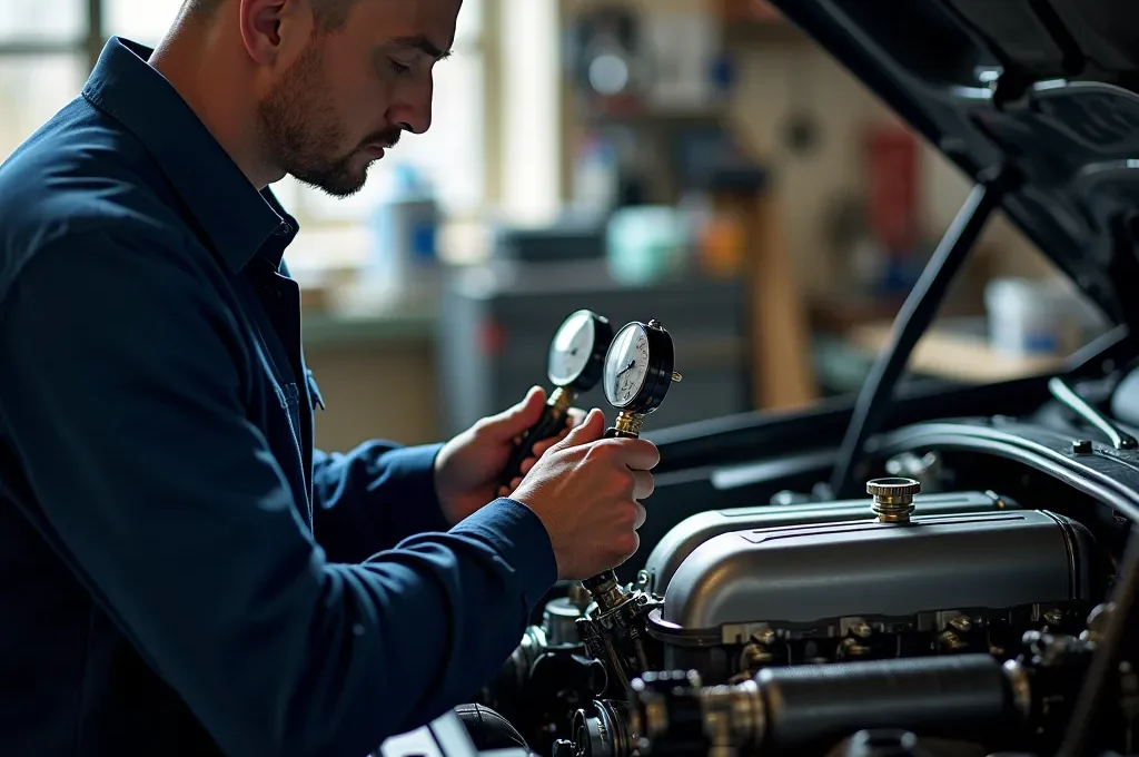 Ein Mechaniker in einer Werkstatt prüft konzentriert die Schläuche des Ladeluftsystems eines Motors auf mögliche Lecks.