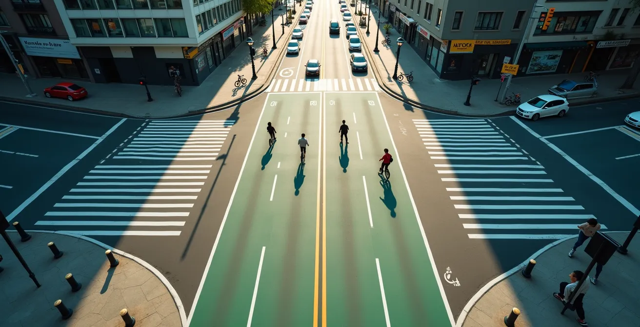 Übersicht moderner Verkehrssituationen mit E-Scootern und neuen Radwegen