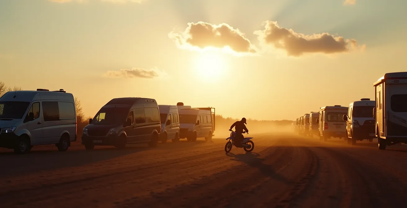Weitwinkelaufnahme eines MX-Fahrerlagers mit Transportern und Anhängern