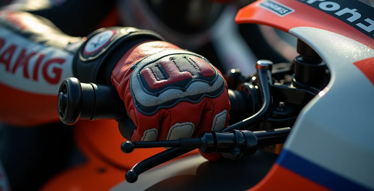 Nahaufnahme der Unterarmmuskulatur eines MotoGP-Piloten beim Bremsen