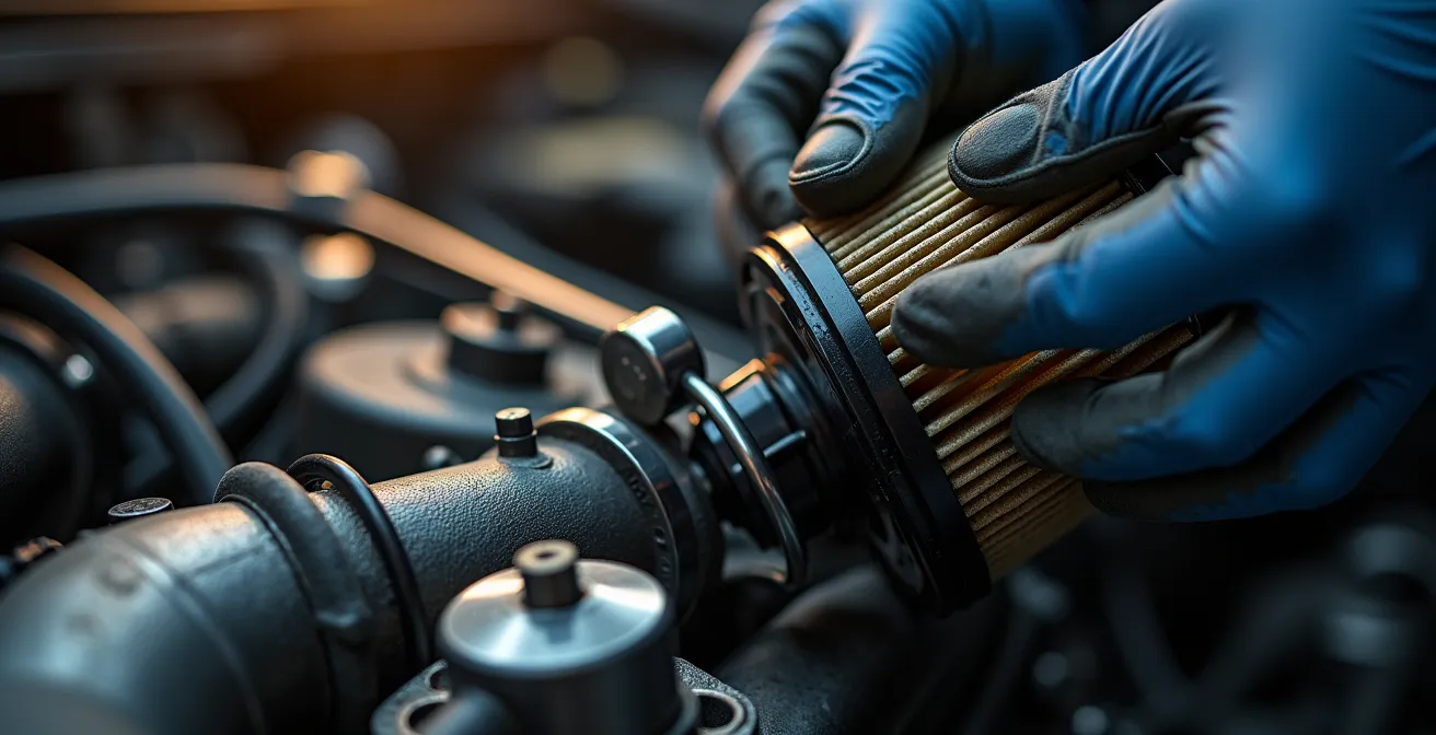 Mechaniker inspiziert den Motorraum eines Fahrzeugs mit Fokus auf Wartungsarbeiten, um die Emissionen zu reduzieren.