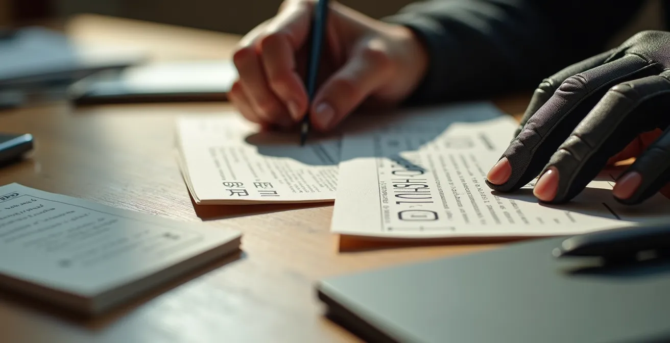 Übersicht der Lizenzunterlagen auf Schreibtisch arrangiert