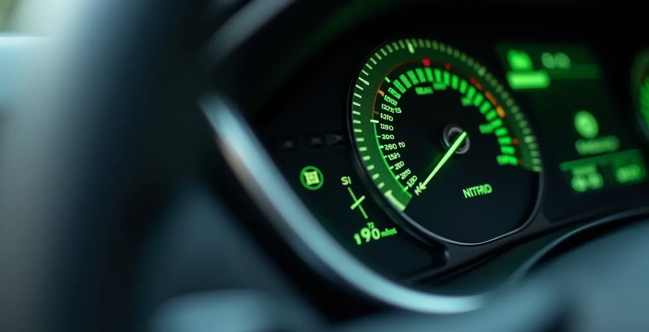 Nahaufnahme eines modernen Auto-Armaturenbretts mit Fokus auf einer grünen Eco-Driving-Anzeige.