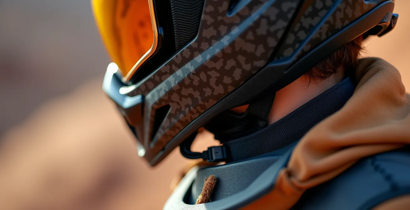 Detailaufnahme eines Neck-Brace Systems am Fahrer während eines Sprungs