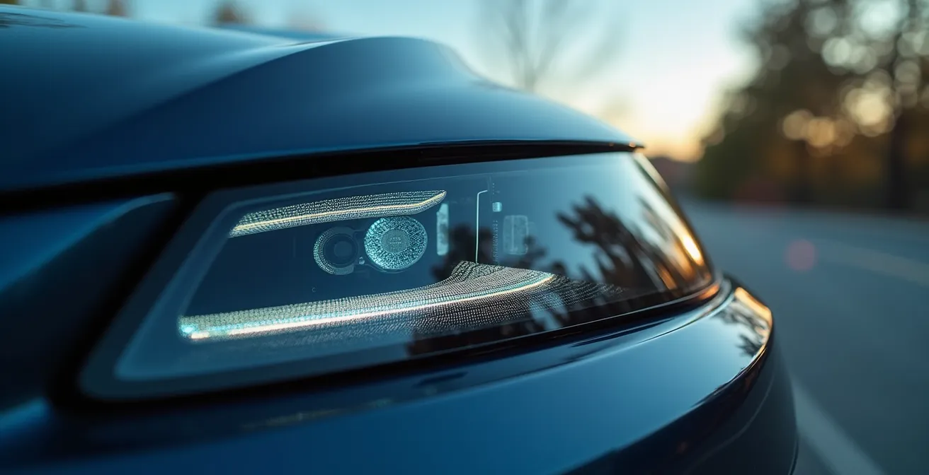 Makroaufnahme von Fahrzeugsensoren mit Schattenspiel auf der Linse