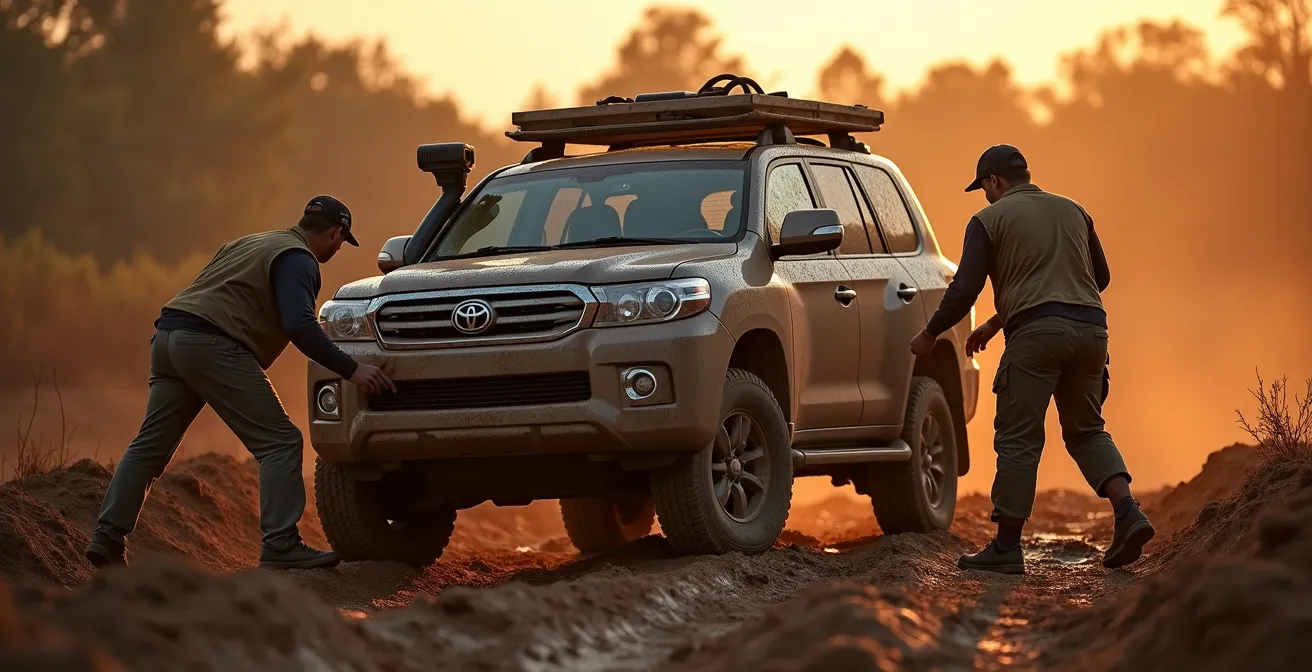 Gruppe von Kollegen arbeitet zusammen beim Bergen eines Geländewagens aus Schlamm