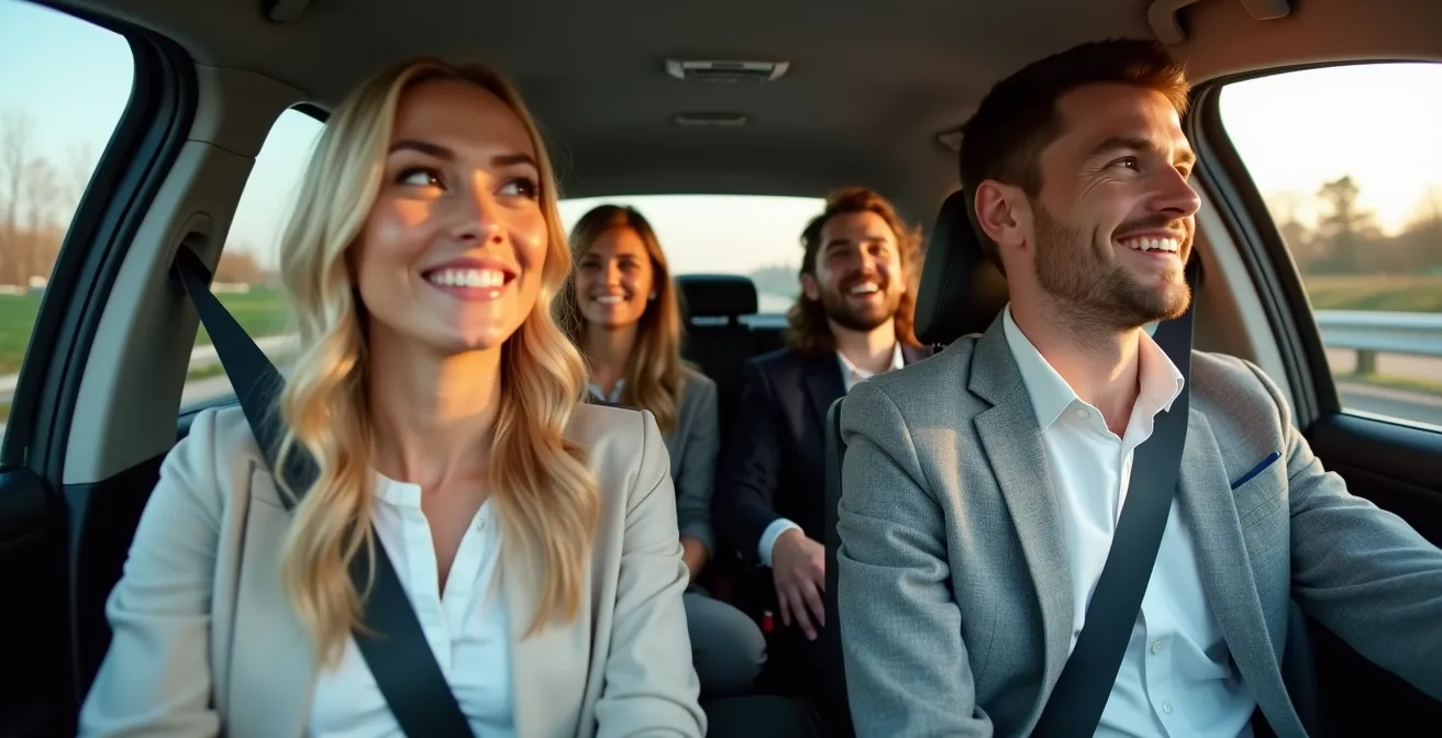 Vier Berufspendler in einem Auto auf dem Weg zur Arbeit, die lächelnd eine Fahrgemeinschaft bilden.
