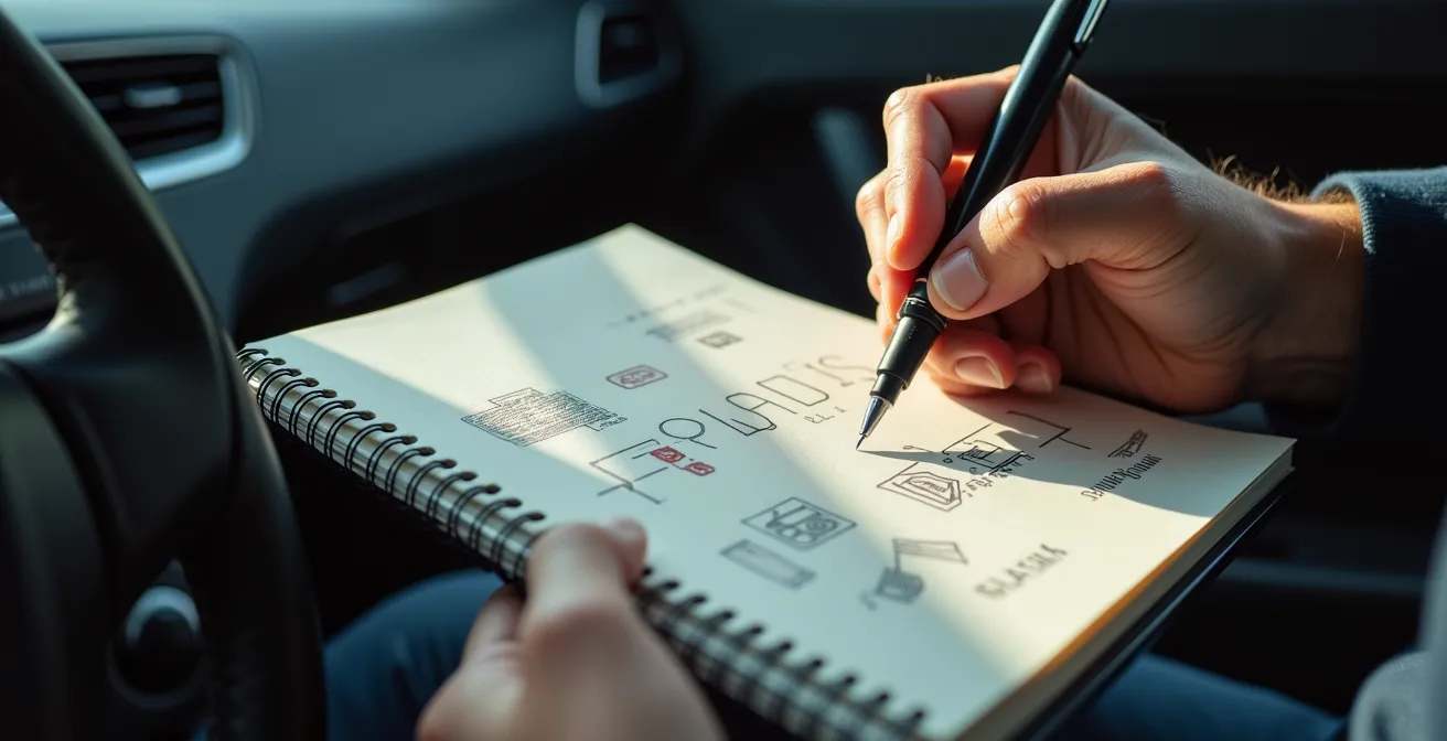 Detailaufnahme von Rallye-Aufschrieb Notizen