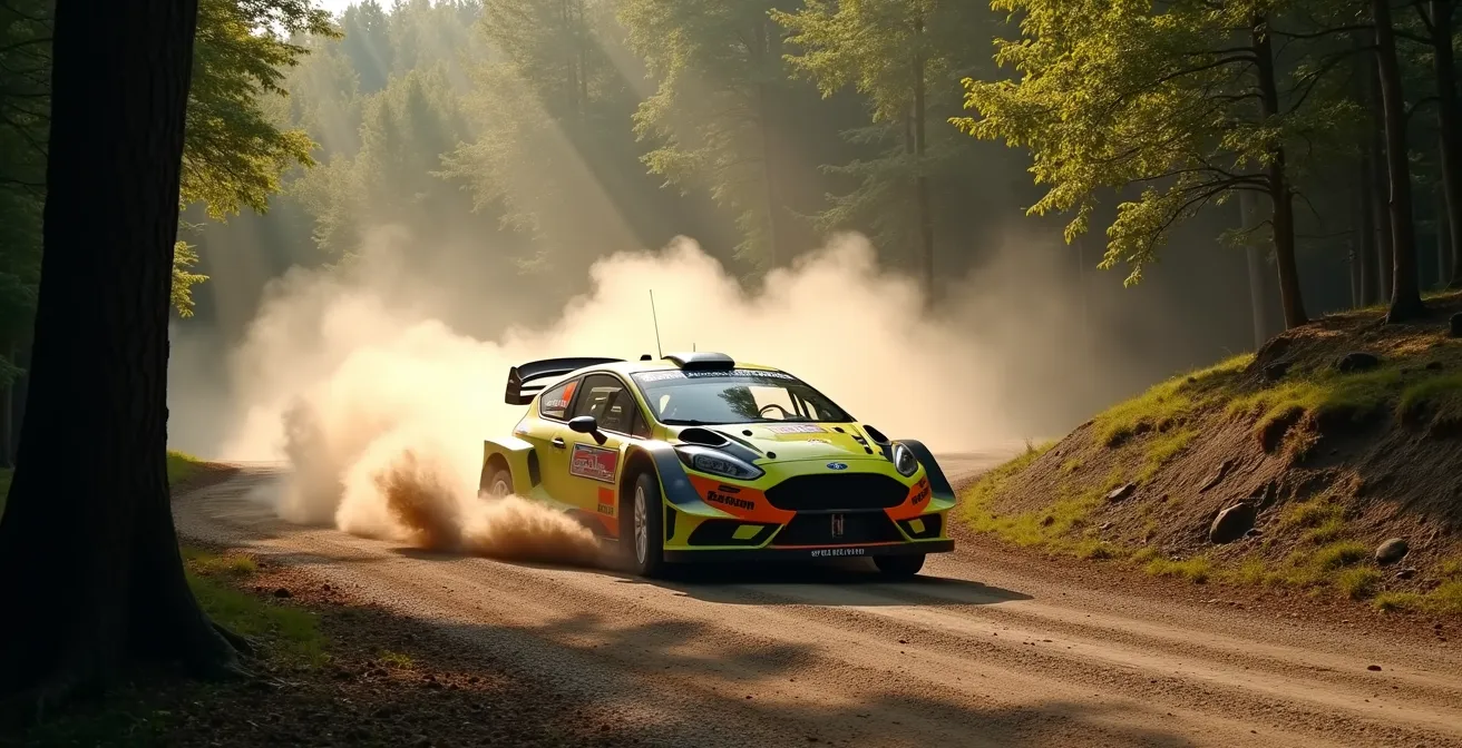 Rallyefahrzeug beim kontrollierten Drift auf Schotter