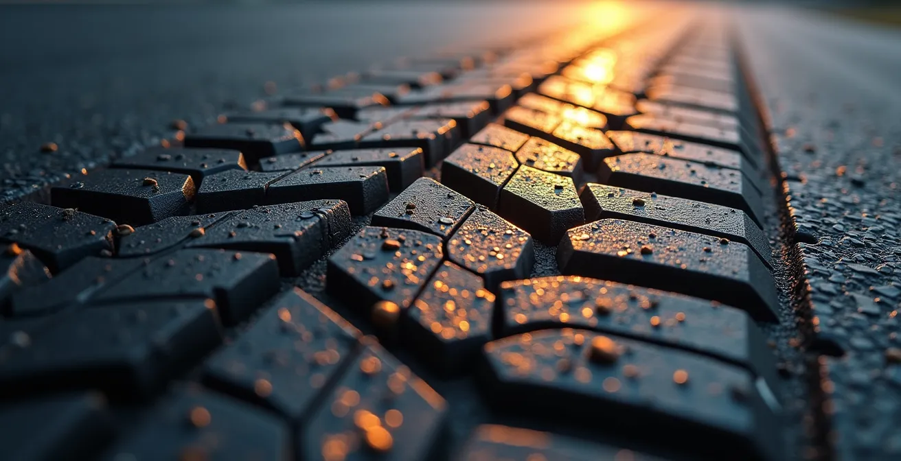 Makroaufnahme eines Reifens mit sichtbarer Kontaktfläche und Profilverformung, die den Einfluss des Drucks verdeutlicht