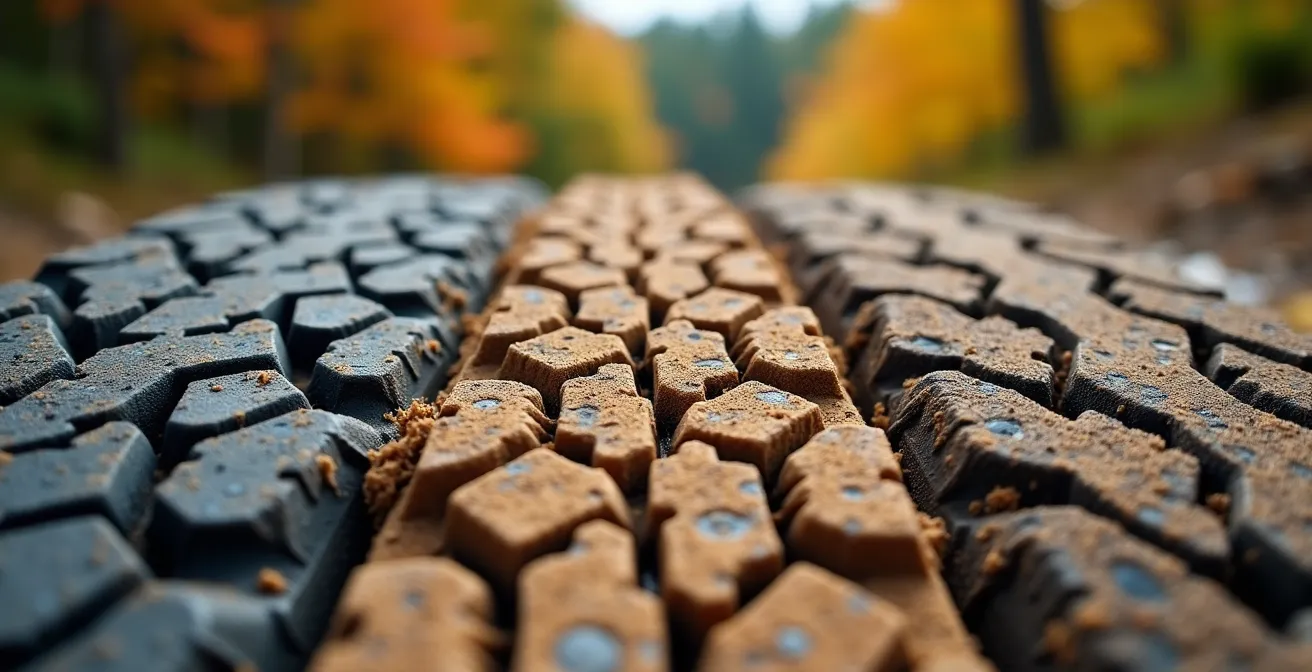 Makroaufnahme verschiedener Reifenprofile im Gelände mit sichtbaren Spuren