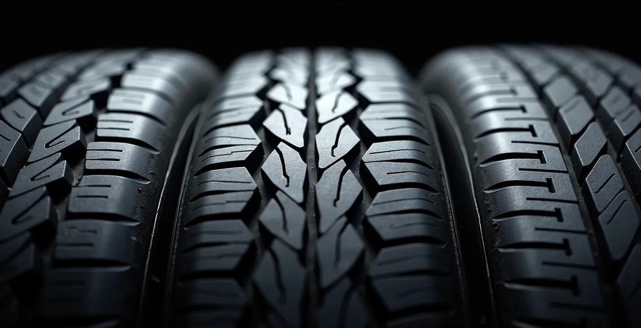 Makroaufnahme zeigt unterschiedlichen Verschleiß der Reifenlauffläche bei verschiedenen Druckwerten