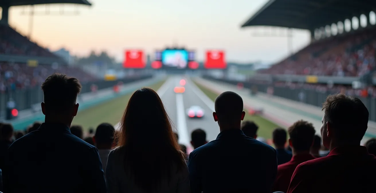 Zuschauertribüne mit Blick auf Rennstrecke und große Anzeigetafeln im Hintergrund