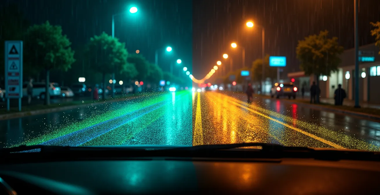 Visualisierung der Sensordatenfusion eines Autos bei Nacht mit überlagerten Sensor-Erfassungsbereichen