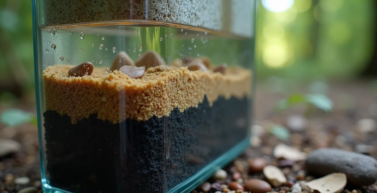 Makroaufnahme eines selbstgebauten Grauwasserfilters mit Schichten aus Sand und Aktivkohle in einer natürlichen Umgebung