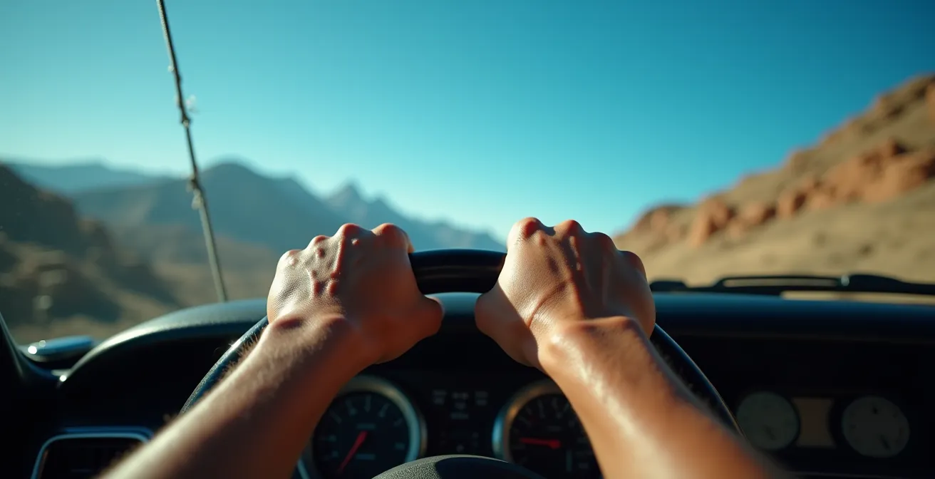 Fahrerblick aus einem 4x4-Cockpit bei einer extremen Steilauffahrt, bei der nur der Himmel im Sichtfeld ist