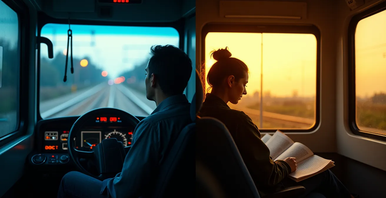 Ein geteiltes Bild zeigt links einen gestressten Autofahrer im Stau und rechts einen entspannten Pendler, der in einem Zug liest.