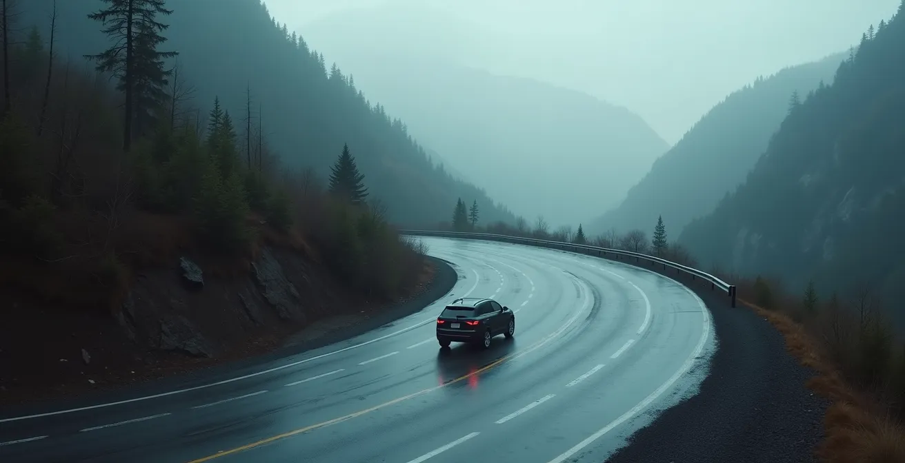 Ein dunkler SUV in einer schnellen Kurve auf nasser Fahrbahn, wobei die Spuren der Reifen ein leichtes Schieben über die Vorderräder (Untersteuern) andeuten.