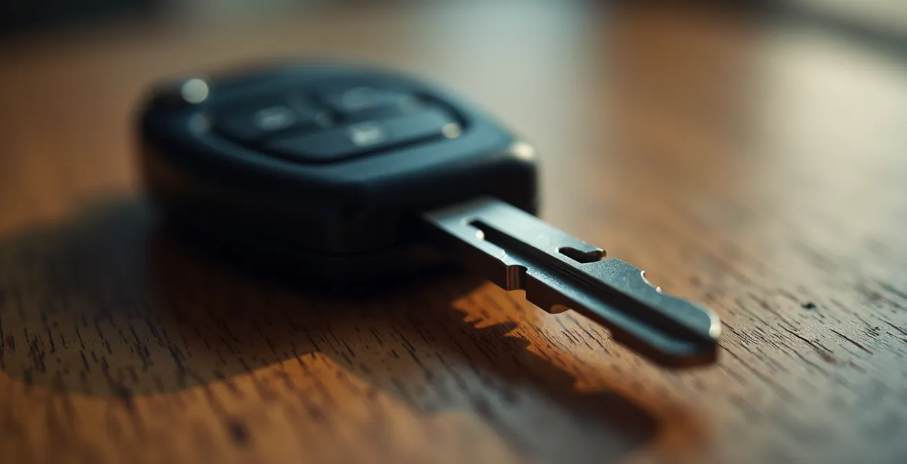 Abstrakte Nahaufnahme eines Autoschlüssels auf einem Schreibtisch, der die digitale Fahrtdokumentation symbolisiert.