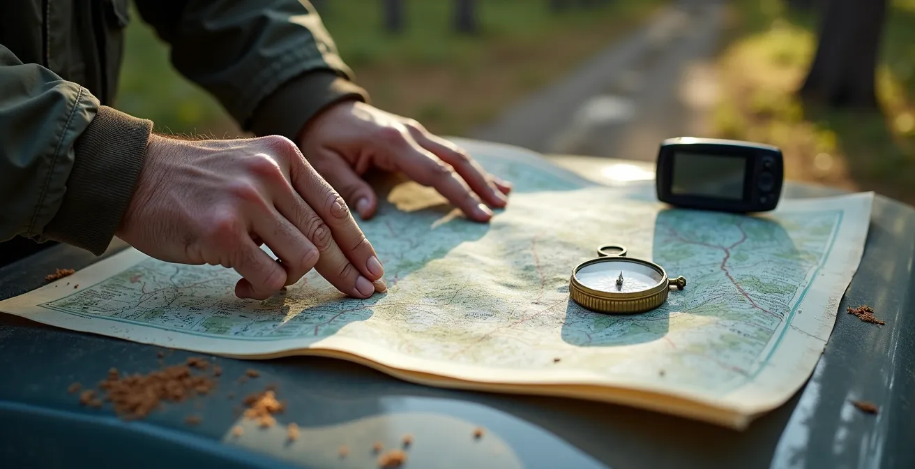 Hände halten aufgefaltete topografische Karte mit Kompass und GPS-Gerät auf Motorhaube