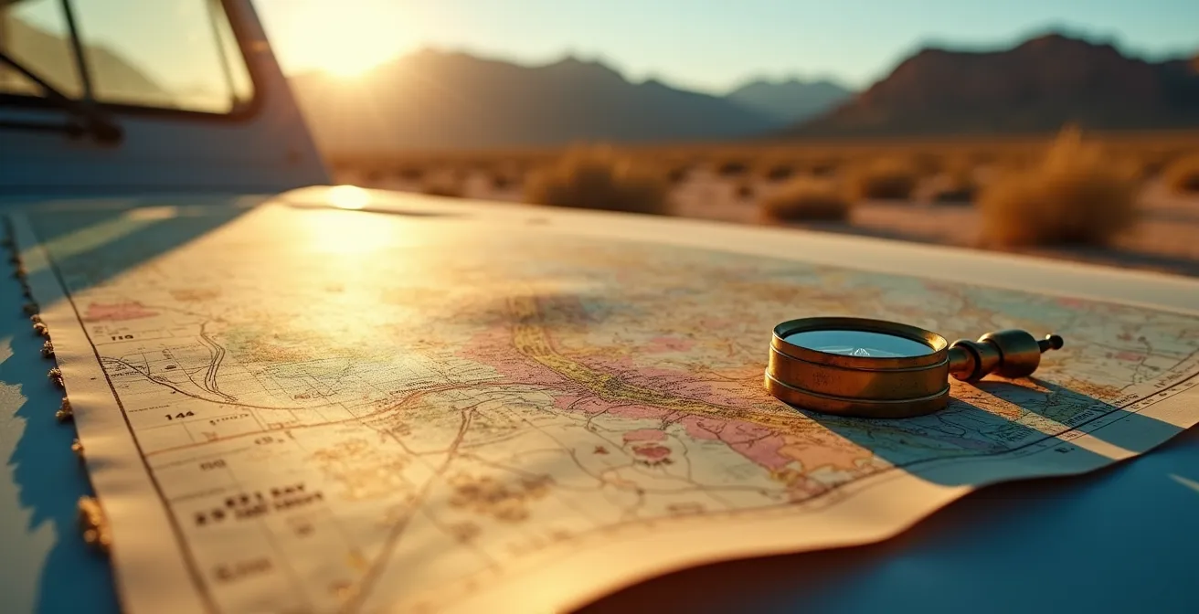 Gefaltete topografische Karte mit Höhenlinien auf Motorhaube ausgebreitet