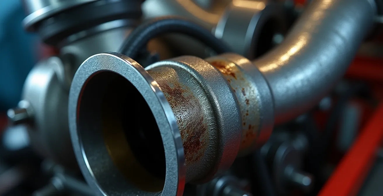 Makroaufnahme eines Turbolader-Gehäuses mit sichtbaren Ölspuren an Dichtungen