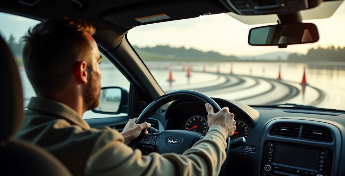 Sportwagen im kontrollierten Drift zeigt Übersteuern bei Heckantrieb