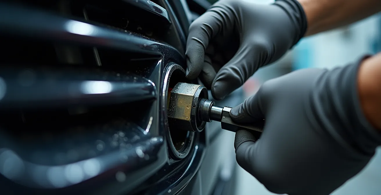 Nahaufnahme eines eingedrückten Ultraschallsensors in einer Stoßstange mit Mechanikerhänden